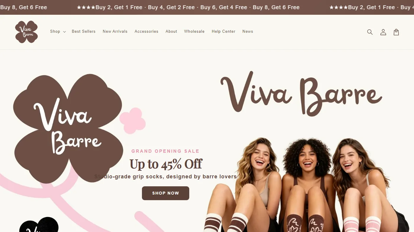 The Viva Barre homepage: three people seated in studio grip socks under a grand-opening sale banner.